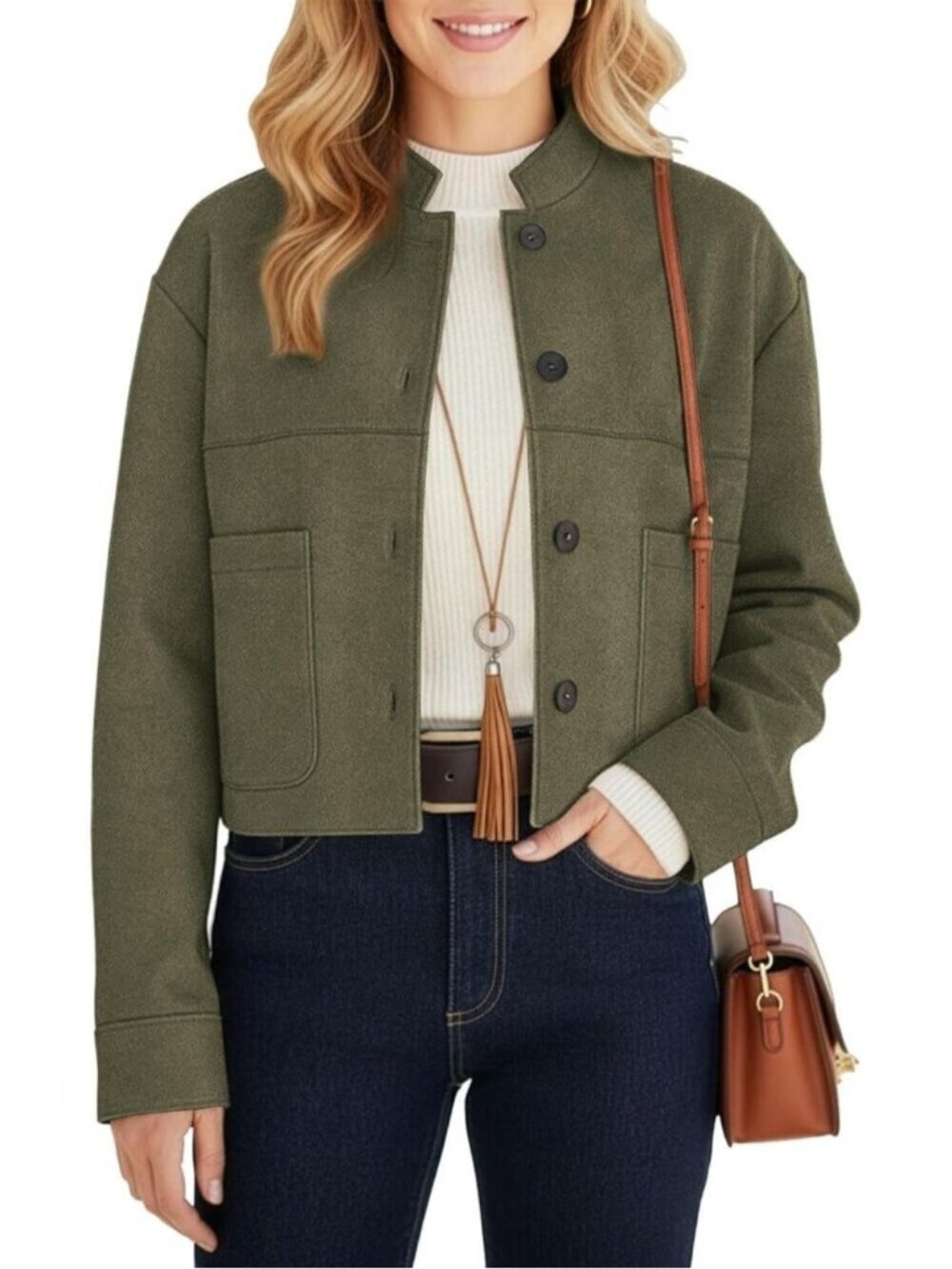 Women's Olive Chic Faux Suede Oversized Button-Down Cropped Motorcycle Jackets